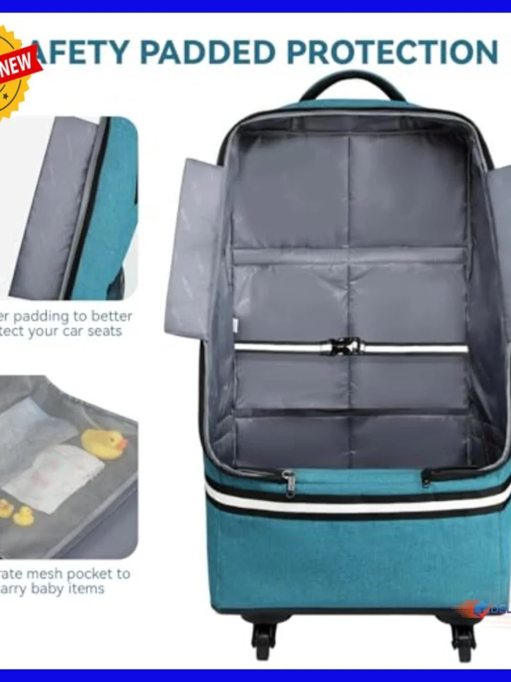 Padded Car Seat Travel Backpack with Wheels, Adjustable Strap, Waterproof Base